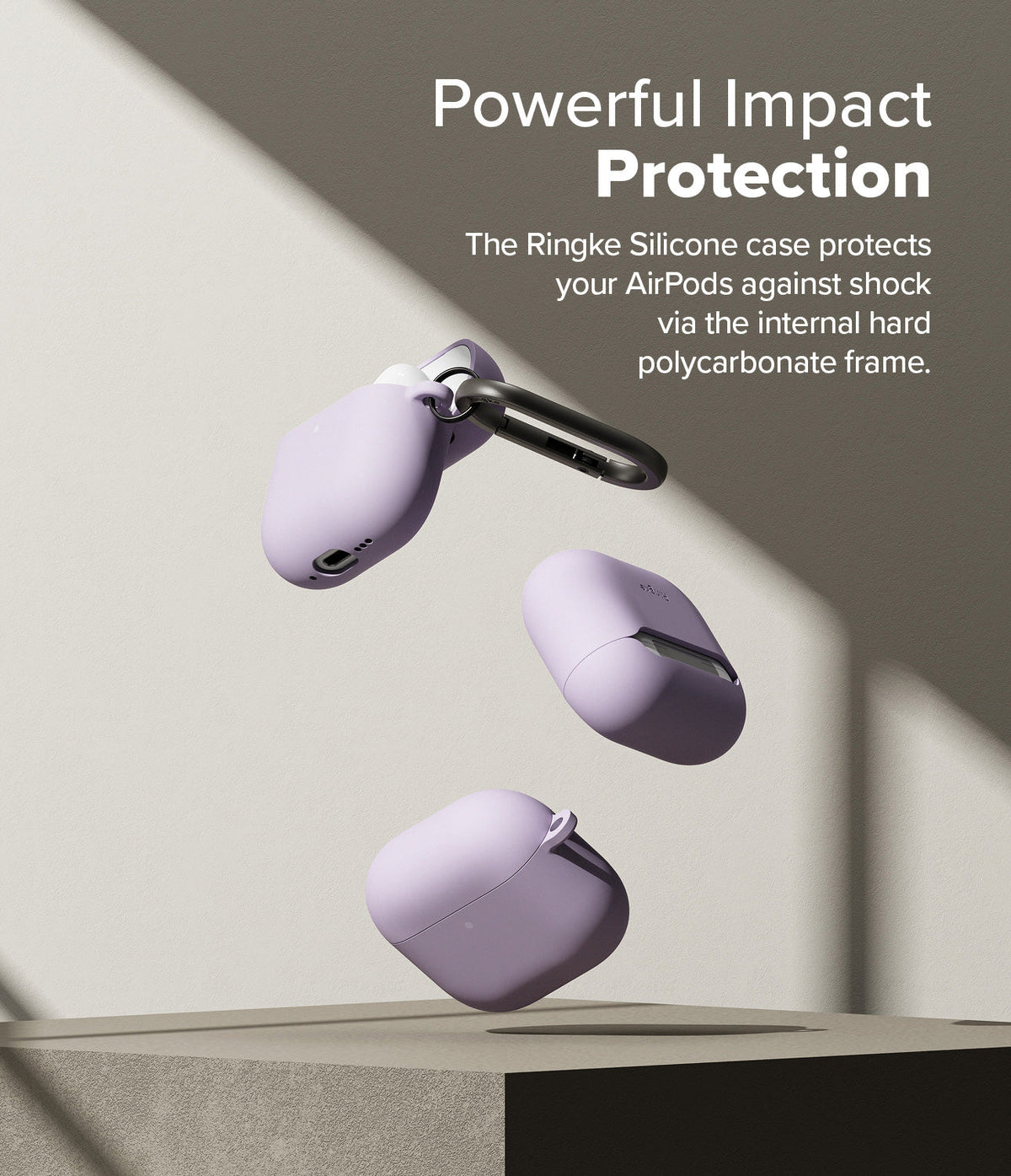 AirPods 5 / 4 Case | Silicone Case - AirPods 4 Case - Three lavender silicone AirPods 4 cases floating against a neutral background with a black carabiner.