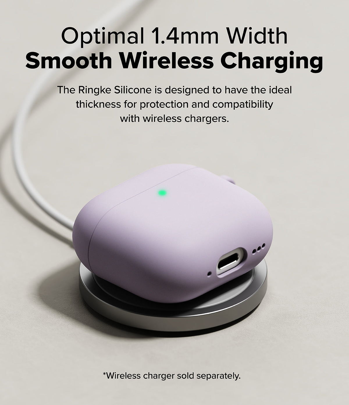 AirPods 5 / 4 Case | Silicone Case - AirPods 4 Case - Lavender silicone case on a wireless charging pad with a glowing green status light.