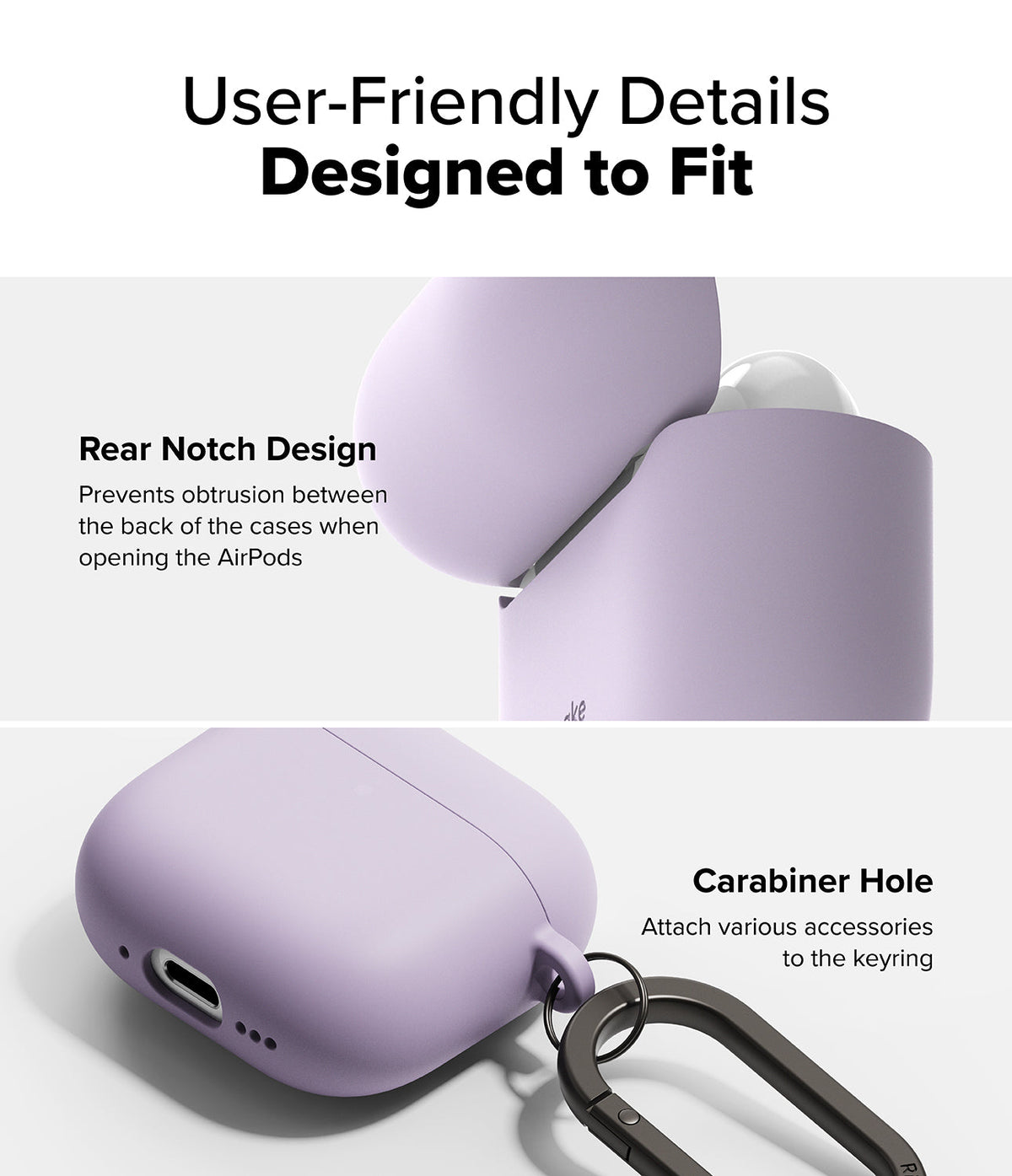 AirPods 5 / 4 Case | Silicone Case - AirPods 4 Case - Lavender silicone case showing rear hinge notch for smooth opening and integrated carabiner hole.