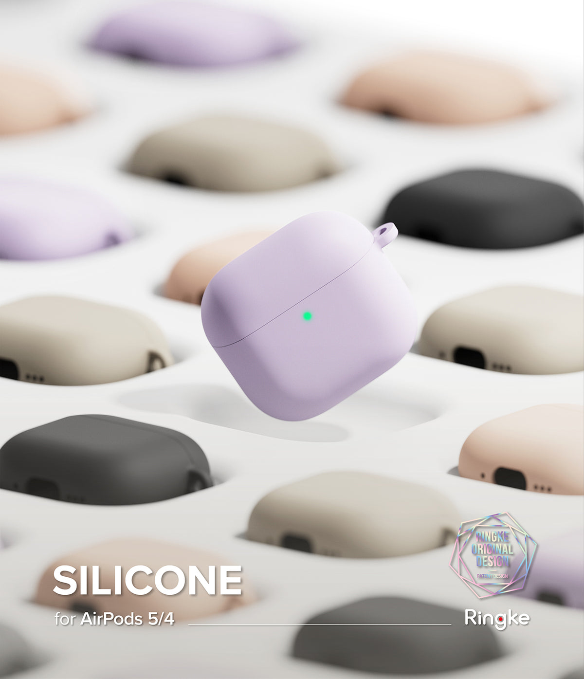 AirPods 5 / 4 Case | Silicone Case - AirPods 4 Case - A lavender silicone AirPods 4 case floating above a grid of various colored cases on a white background.
