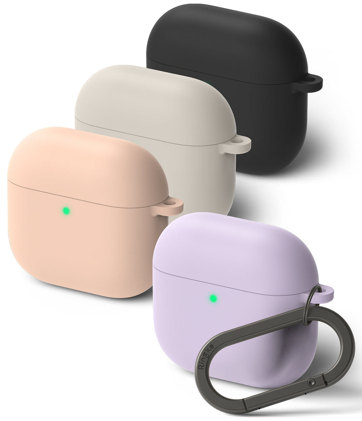 AirPods 5 / 4 Case | Silicone Case - Four silicone AirPods 4 cases in black, beige, peach, and purple, with a carabiner attached to the purple one.