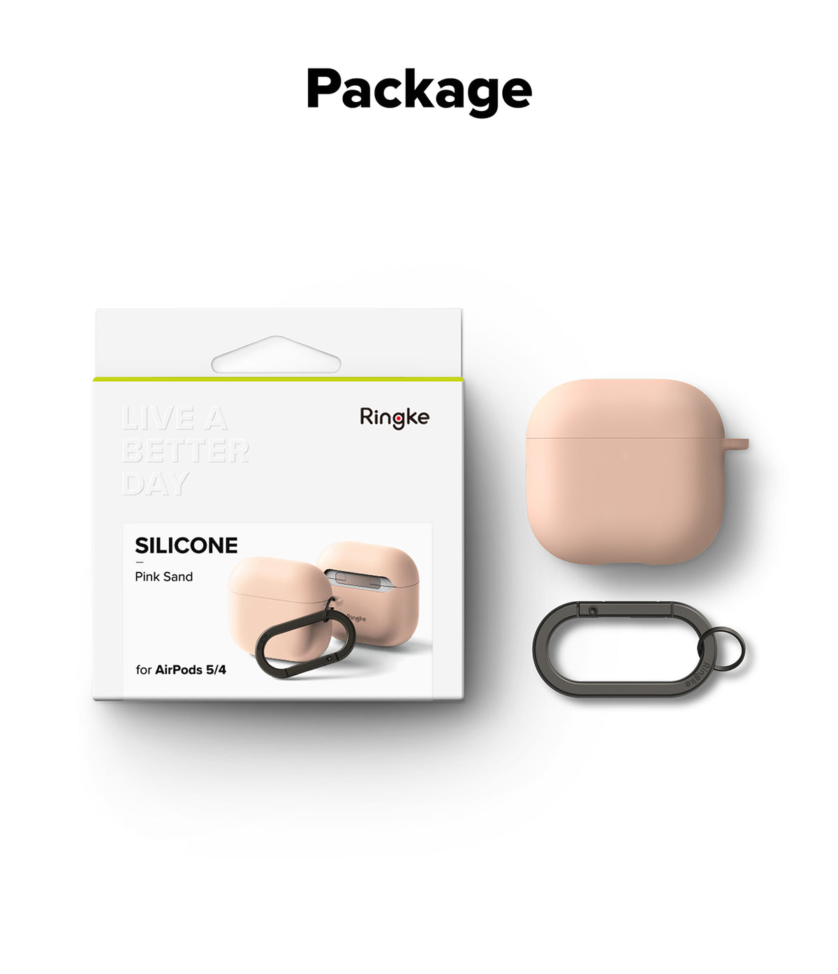 AirPods 5 / 4 Case | Silicone Case - Pink sand silicone case for AirPods 4 with a black carabiner and retail packaging.