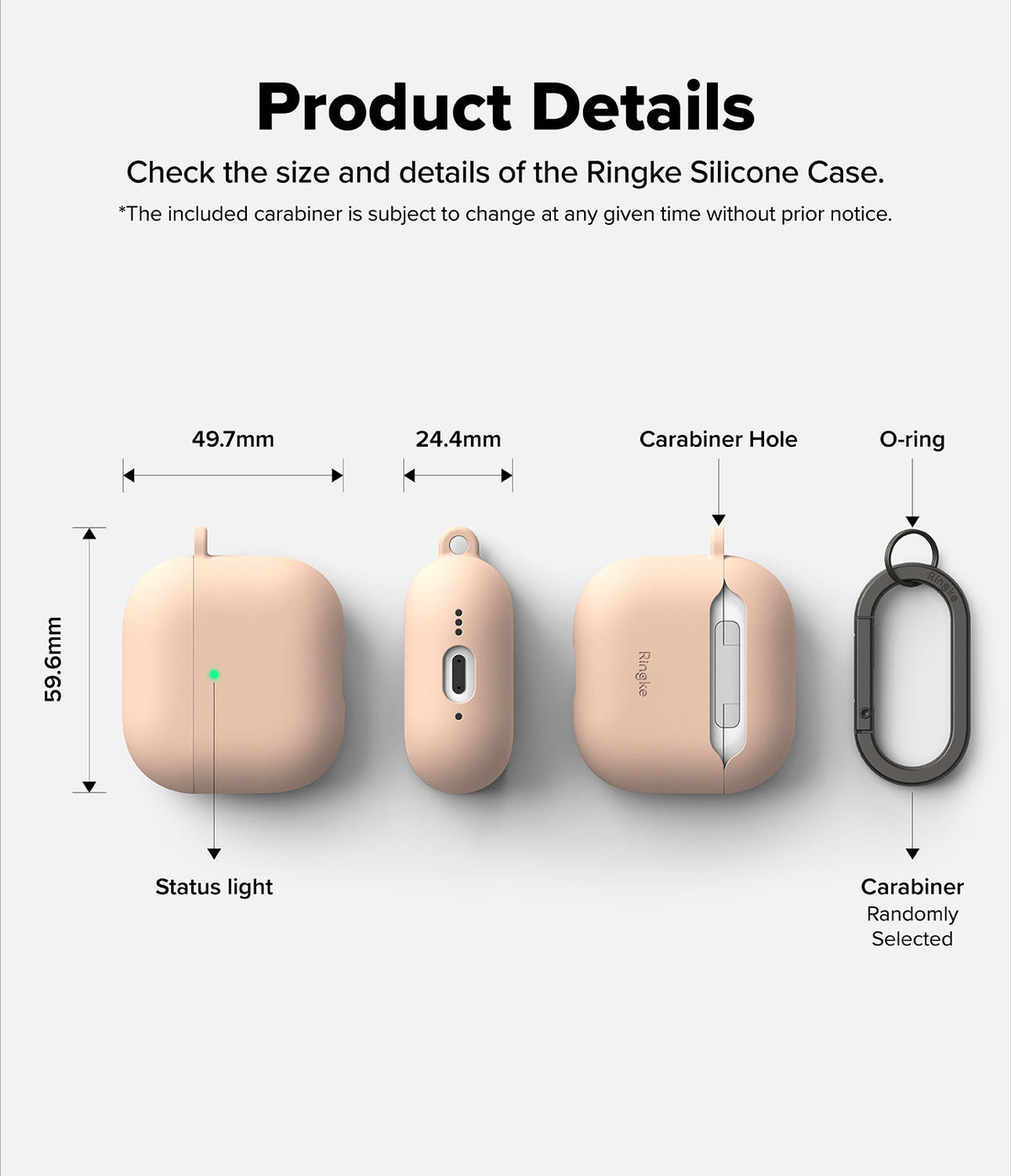 AirPods 5 / 4 Case | Silicone Case - AirPods 4 Case - Technical diagram showing dimensions and features of a peach silicone AirPods 4 case with a carabiner.
