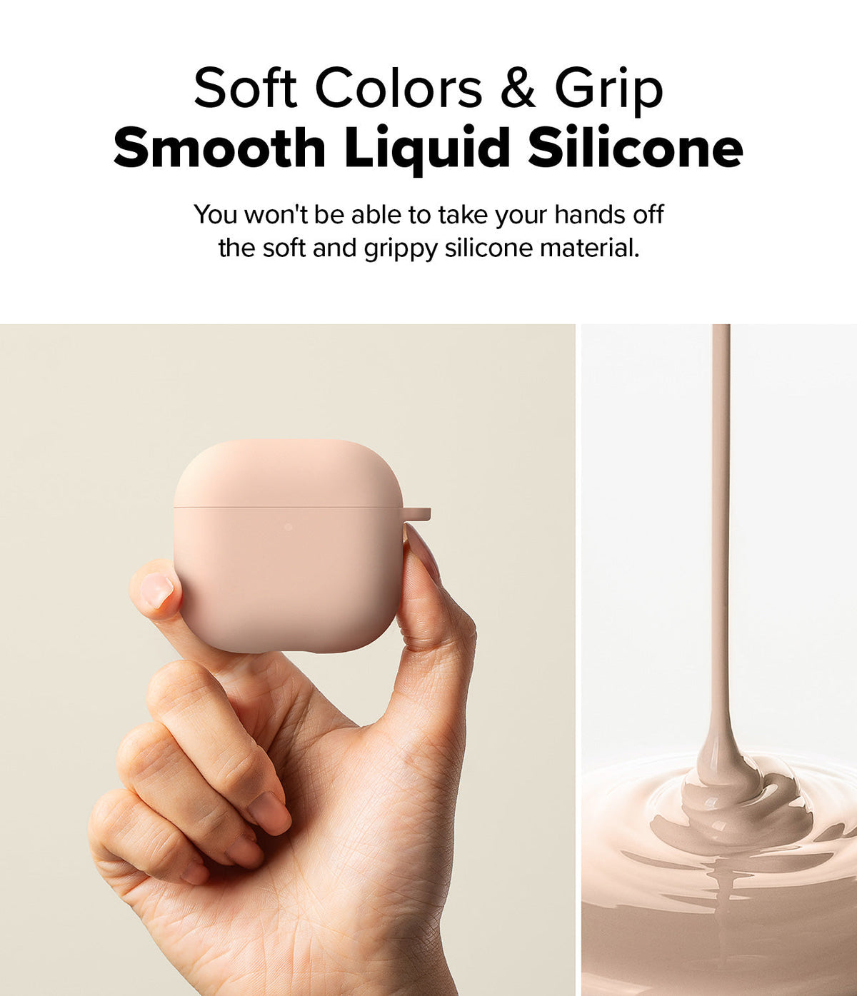 AirPods 5 / 4 Case | Silicone Case - AirPods 4 Case - A hand holds a soft pink silicone AirPods 4 case next to a stream of liquid silicone in the same color.