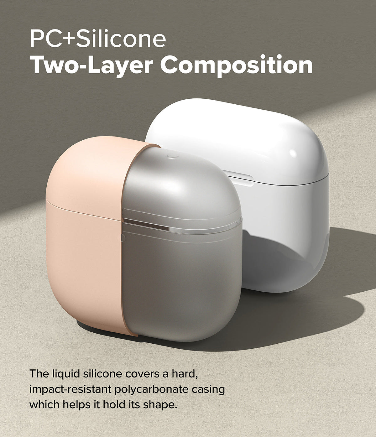 AirPods 5 / 4 Case | Silicone Case - AirPods 4 Case - Two-layer AirPods 4 case showing a peach silicone outer shell partially covering a grey polycarbonate core.
