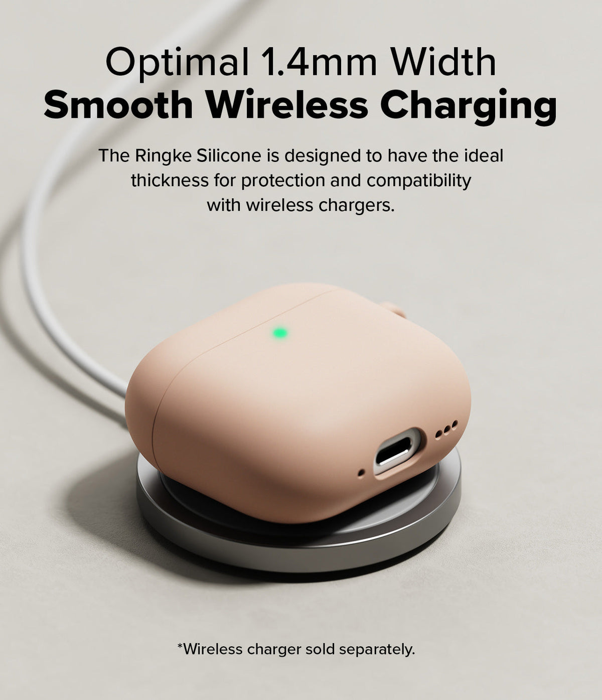 AirPods 5 / 4 Case | Silicone Case - AirPods 4 Case - A beige silicone AirPods 4 case resting on a wireless charging pad with a glowing green status light.