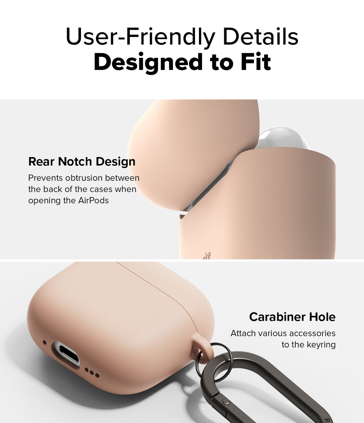 AirPods 5 / 4 Case | Silicone Case - Close-up of a beige silicone case showing a rear hinge notch and a side carabiner attachment.