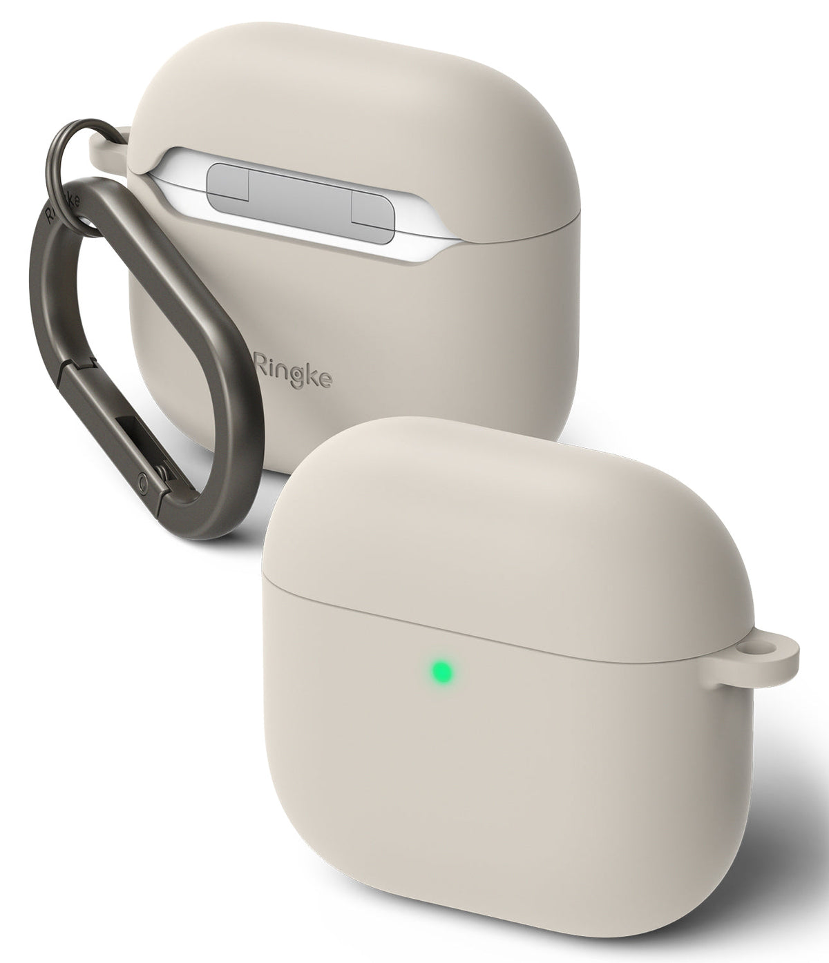 AirPods 5 / 4 Case | Silicone Case - AirPods 4 Case - Beige silicone case for AirPods 4 with a dark metal carabiner and a glowing green status light.