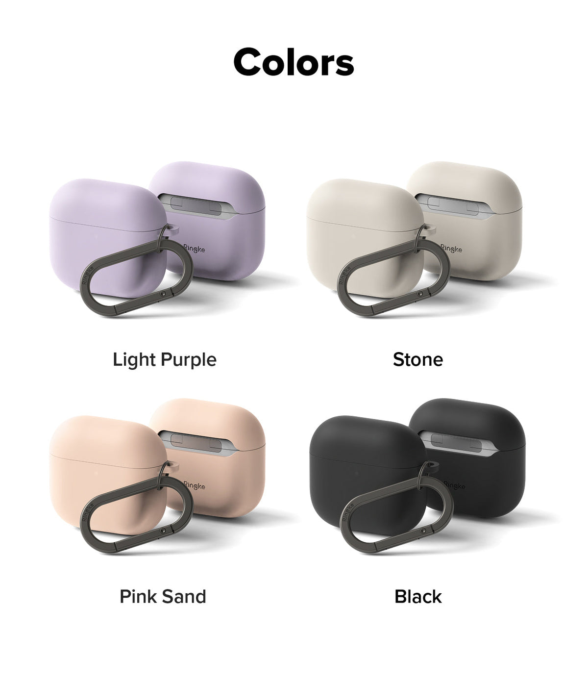 AirPods 5 / 4 Case | Silicone Case - AirPods 4 Case - Four silicone AirPods 4 cases in light purple, stone, pink sand, and black, each with a carabiner clip.