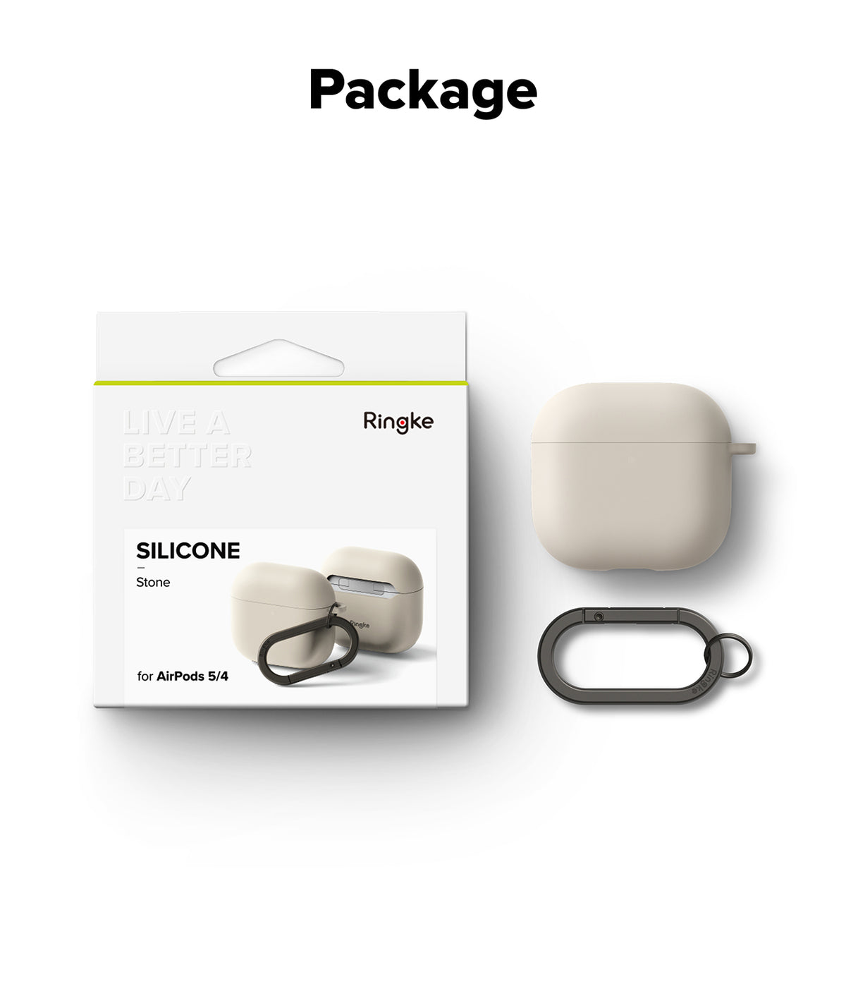 AirPods 5 / 4 Case | Silicone Case - Stone-colored silicone AirPods 4 case, retail packaging, and a matching carabiner clip.
