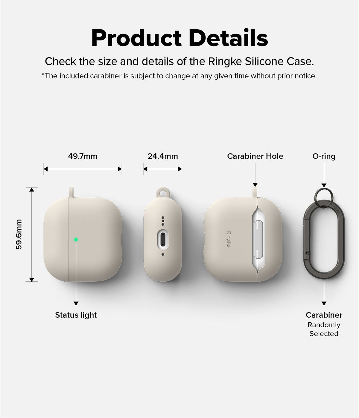 AirPods 5 / 4 Case | Silicone Case - AirPods 4 Case - Technical diagram showing dimensions, status light, carabiner hole, and included carabiner for silicone case.