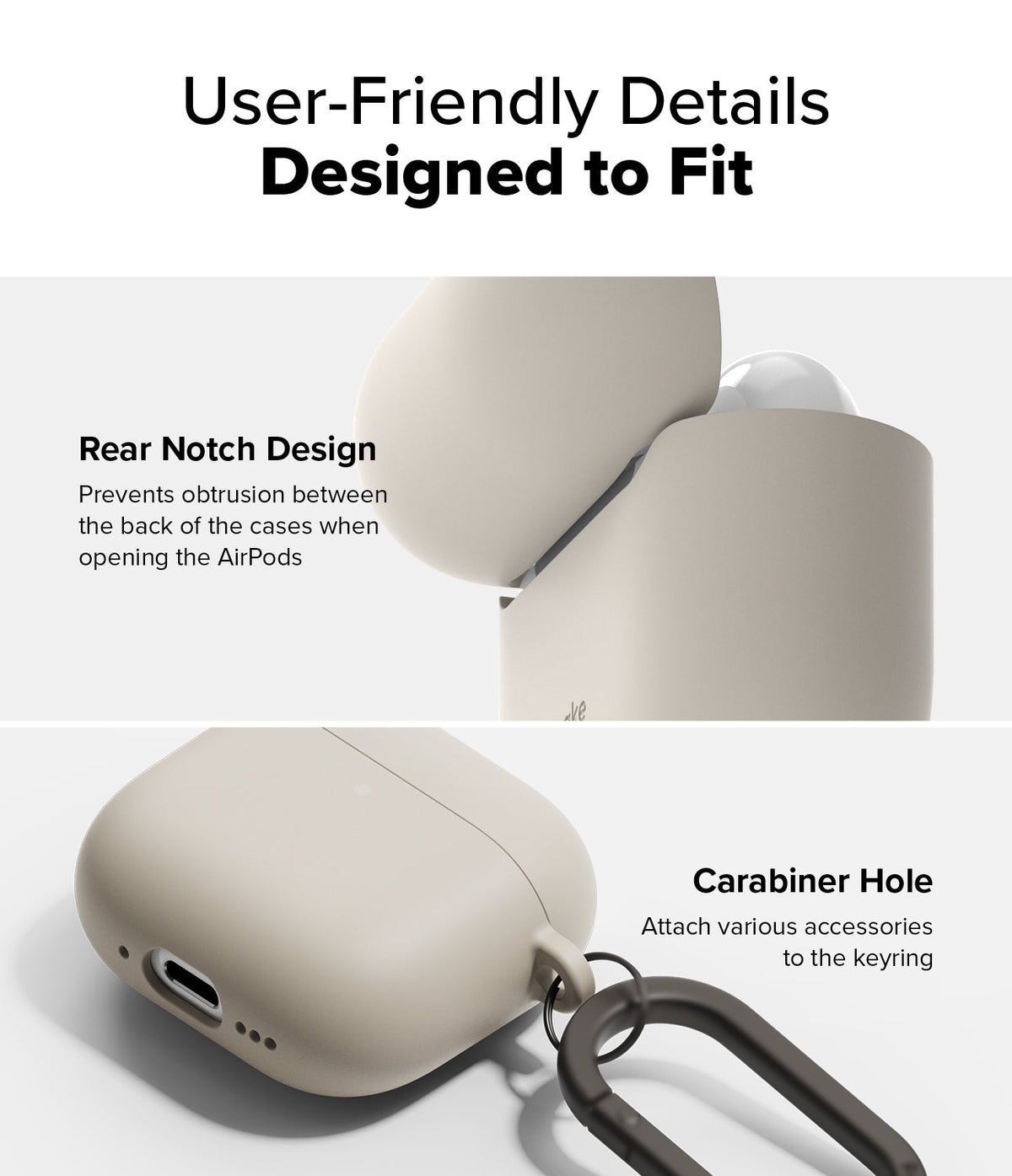 AirPods 5 / 4 Case | Silicone Case - AirPods 4 Case - Silicone case showing a rear notch for easy opening and a side hole for attaching a carabiner.
