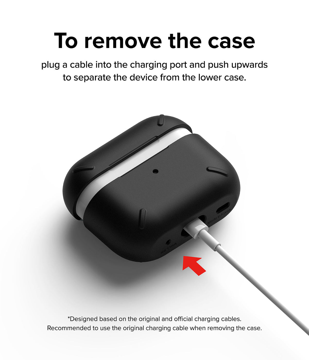 AirPods Pro 2 Case | Layered - Instructions for removing a black case by pushing up with a charging cable.