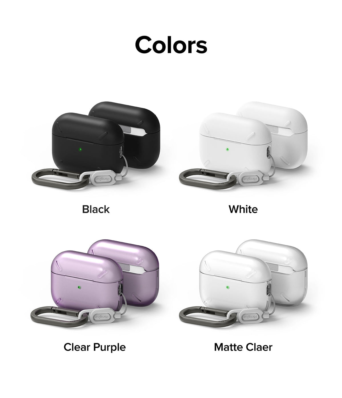 AirPods Pro 2 Case | Layered - Four color options for AirPods Pro 2 cases with carabiners in black, white, purple, and clear.