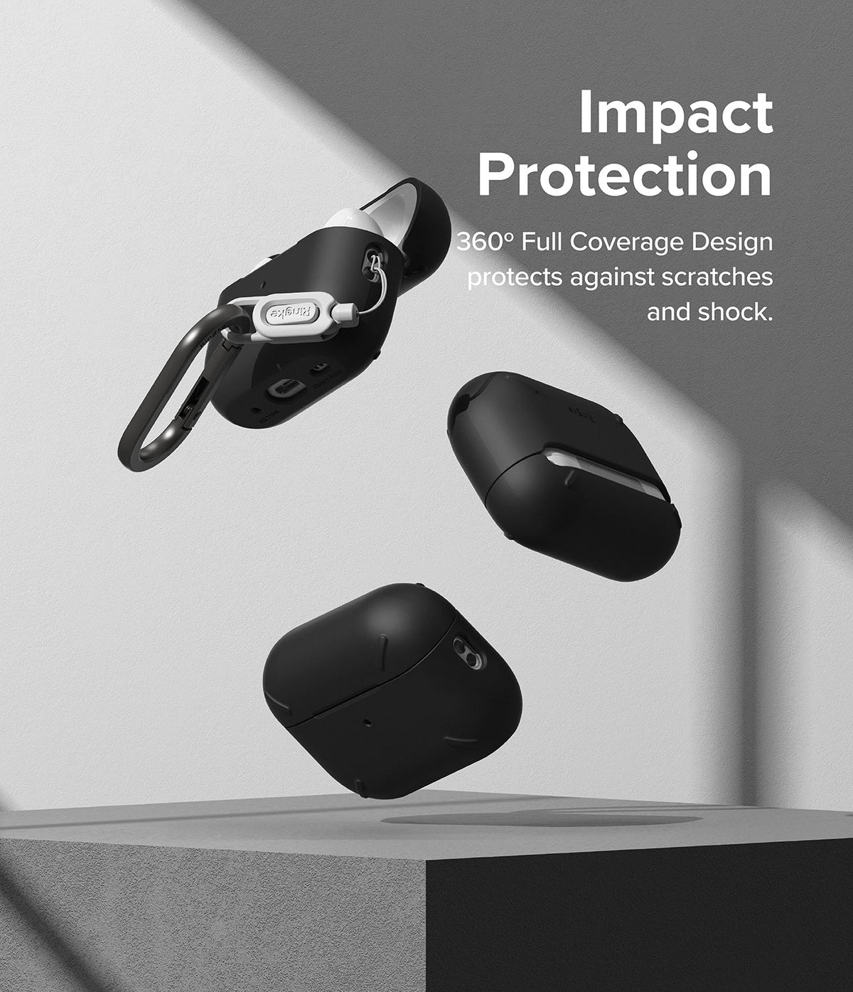 AirPods Pro 2 Case | Layered - Three black protective cases floating above a pedestal with Impact Protection text.