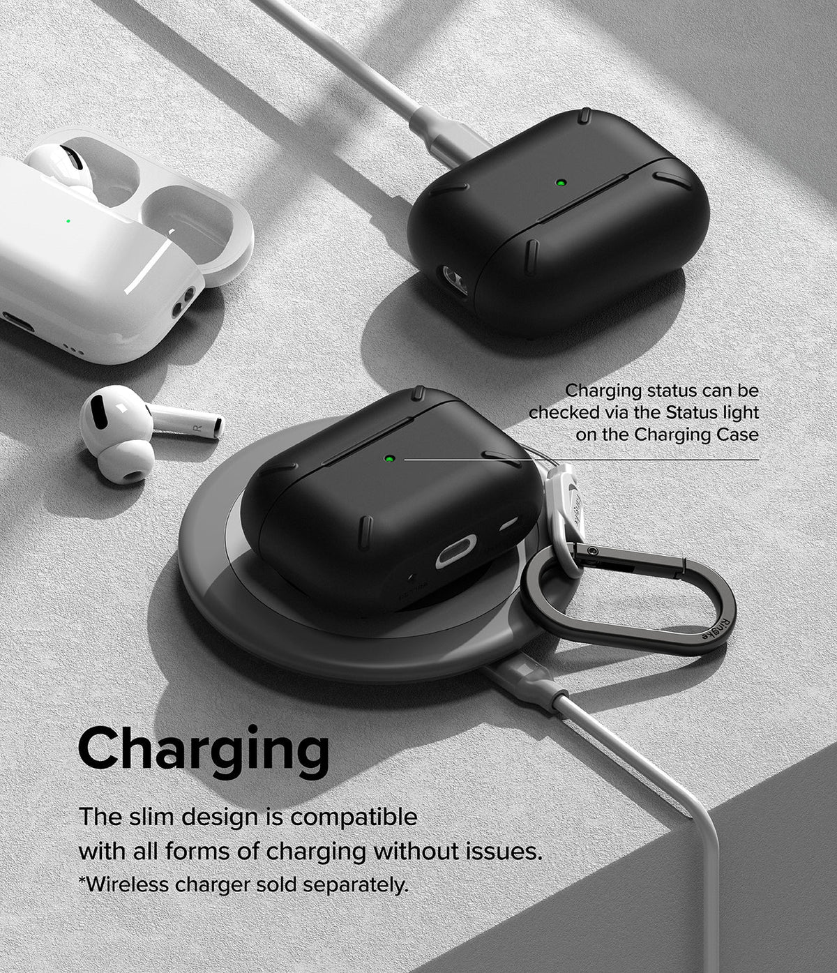AirPods Pro 2 Case | Layered - Black protective case on a wireless charger and plugged in, showing visible status light.