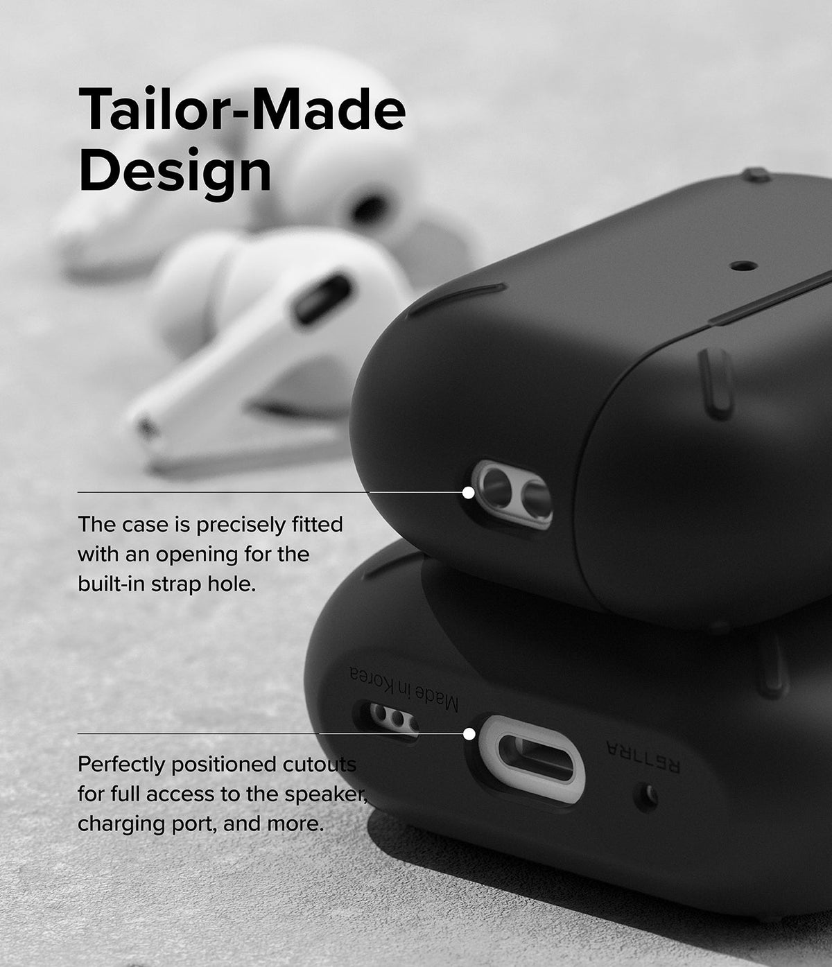 AirPods Pro 2 Case | Layered - Black protective case showing precise cutouts for the strap hole, speaker, and charging port.