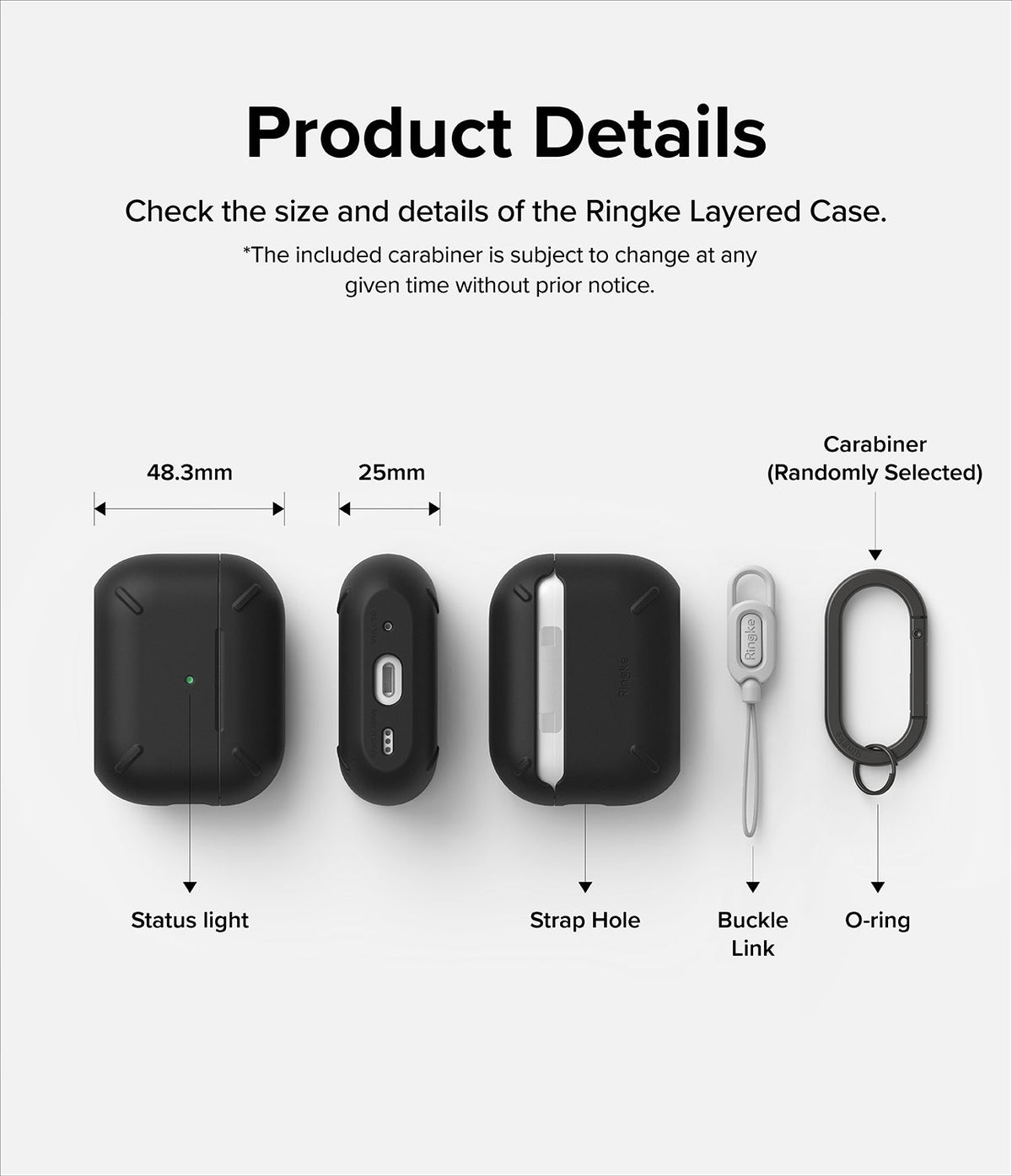 AirPods Pro 2 Case | Layered - Diagram showing dimensions and components of a black protective case with carabiner and link.