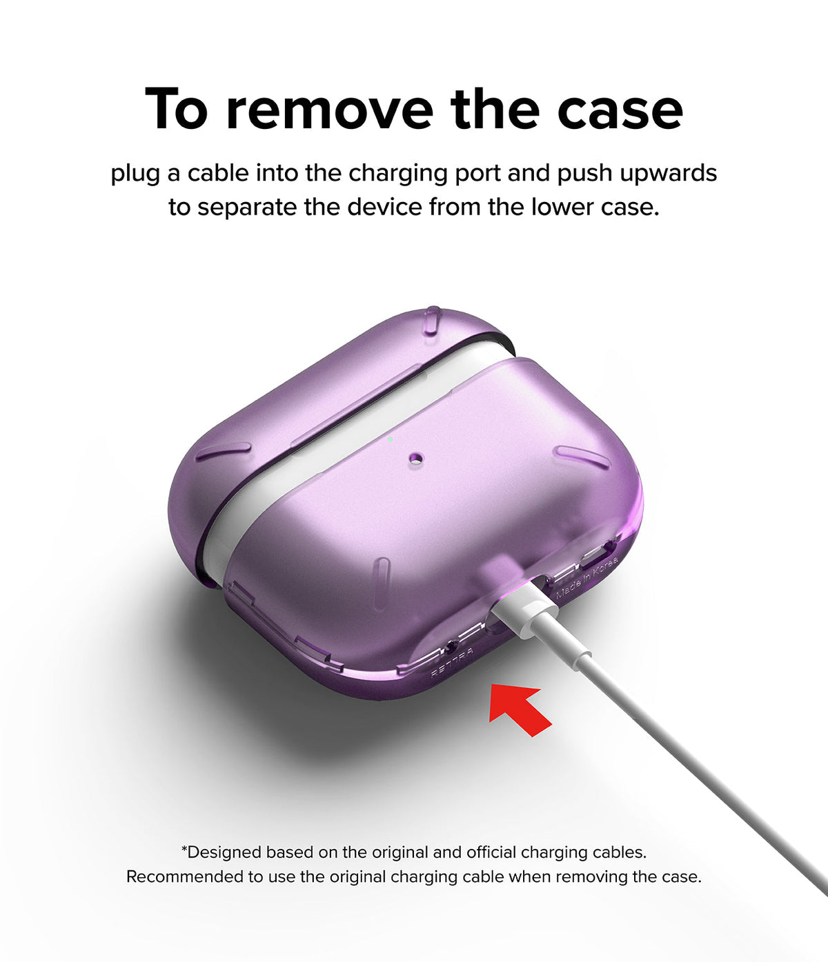 AirPods Pro 2 Case | Layered - A purple case on AirPods Pro with a charging cable inserted to demonstrate how to remove it.