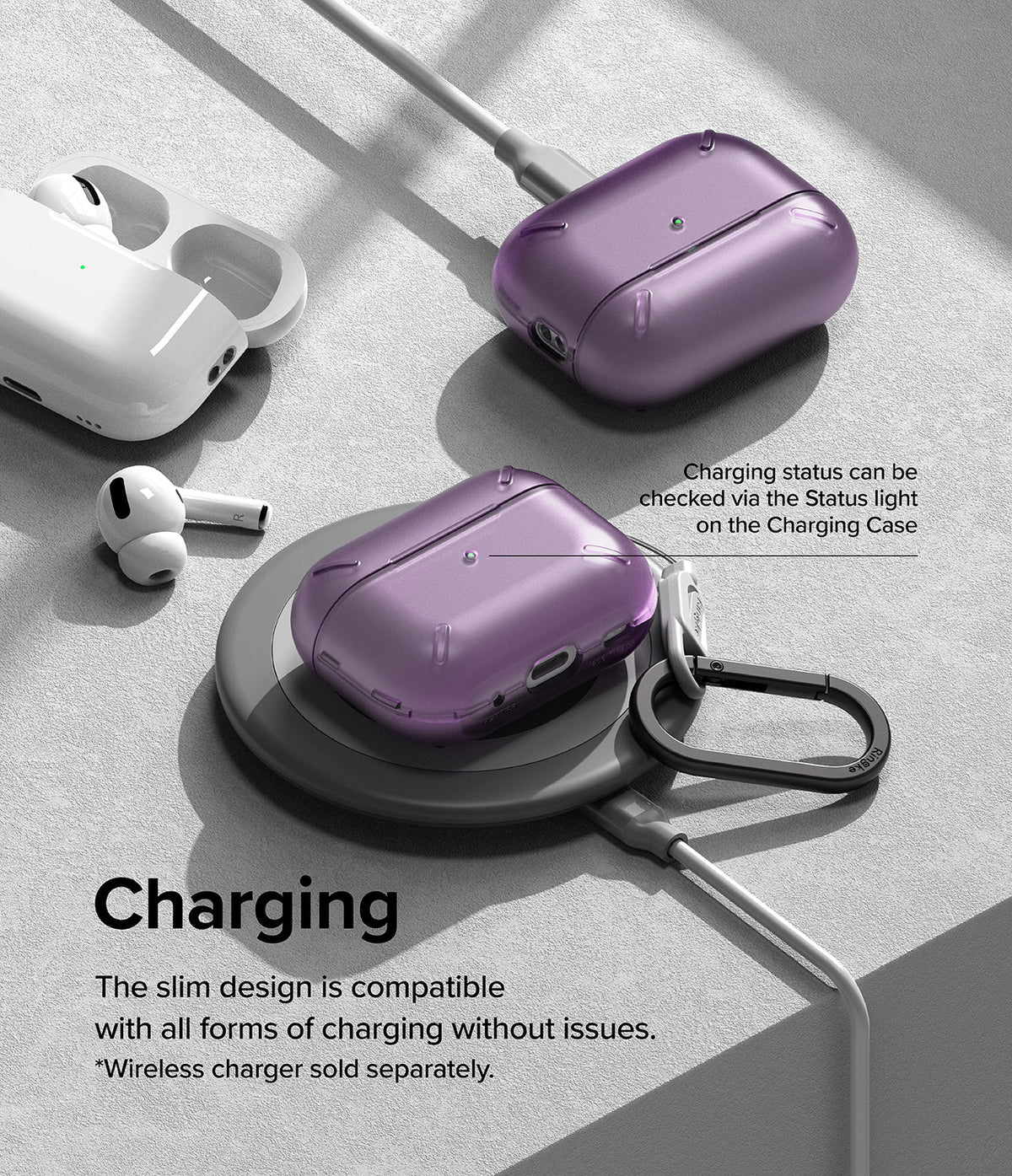 AirPods Pro 2 Case | Layered - Purple protective cases on AirPods Pro 2 charging on a wireless pad and via cable.