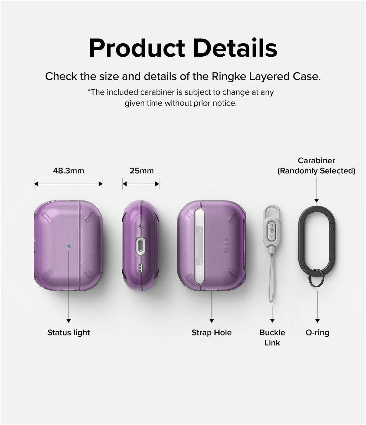 AirPods Pro 2 Case | Layered - Diagram showing dimensions and components of a purple AirPods Pro 2 case with accessories.