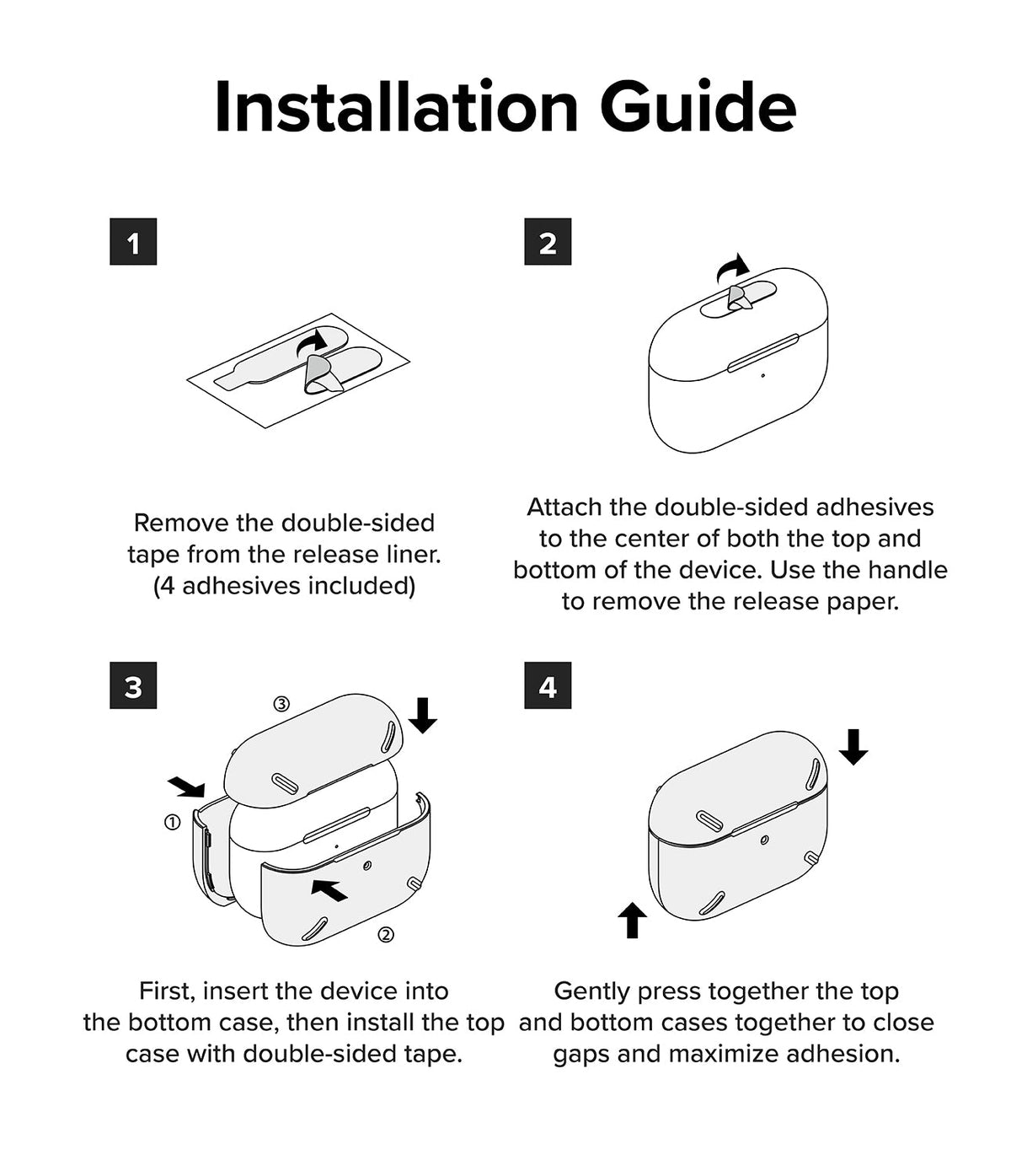 AirPods Pro 2 Case | Layered - Four-step illustrated guide showing how to apply adhesive strips and install the protective case.