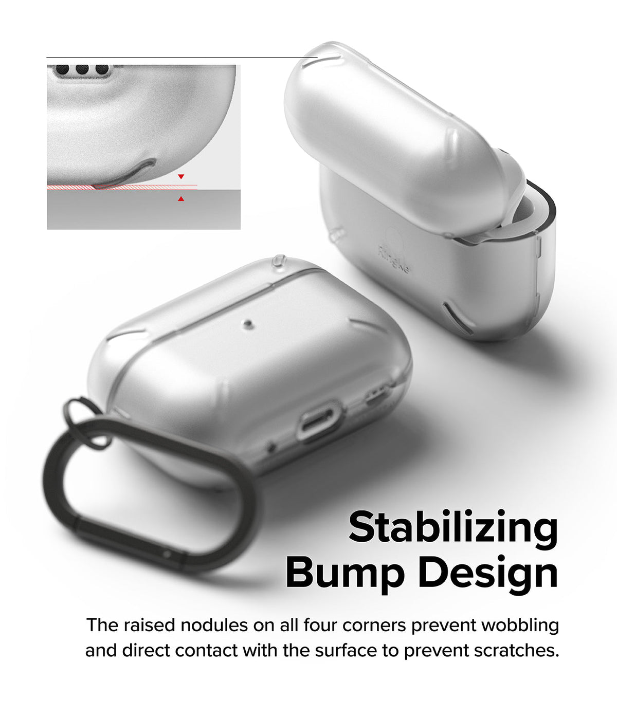 AirPods Pro 2 Case | Layered - Clear case with corner bumps to prevent wobbling and surface scratches, shown with a carabiner.