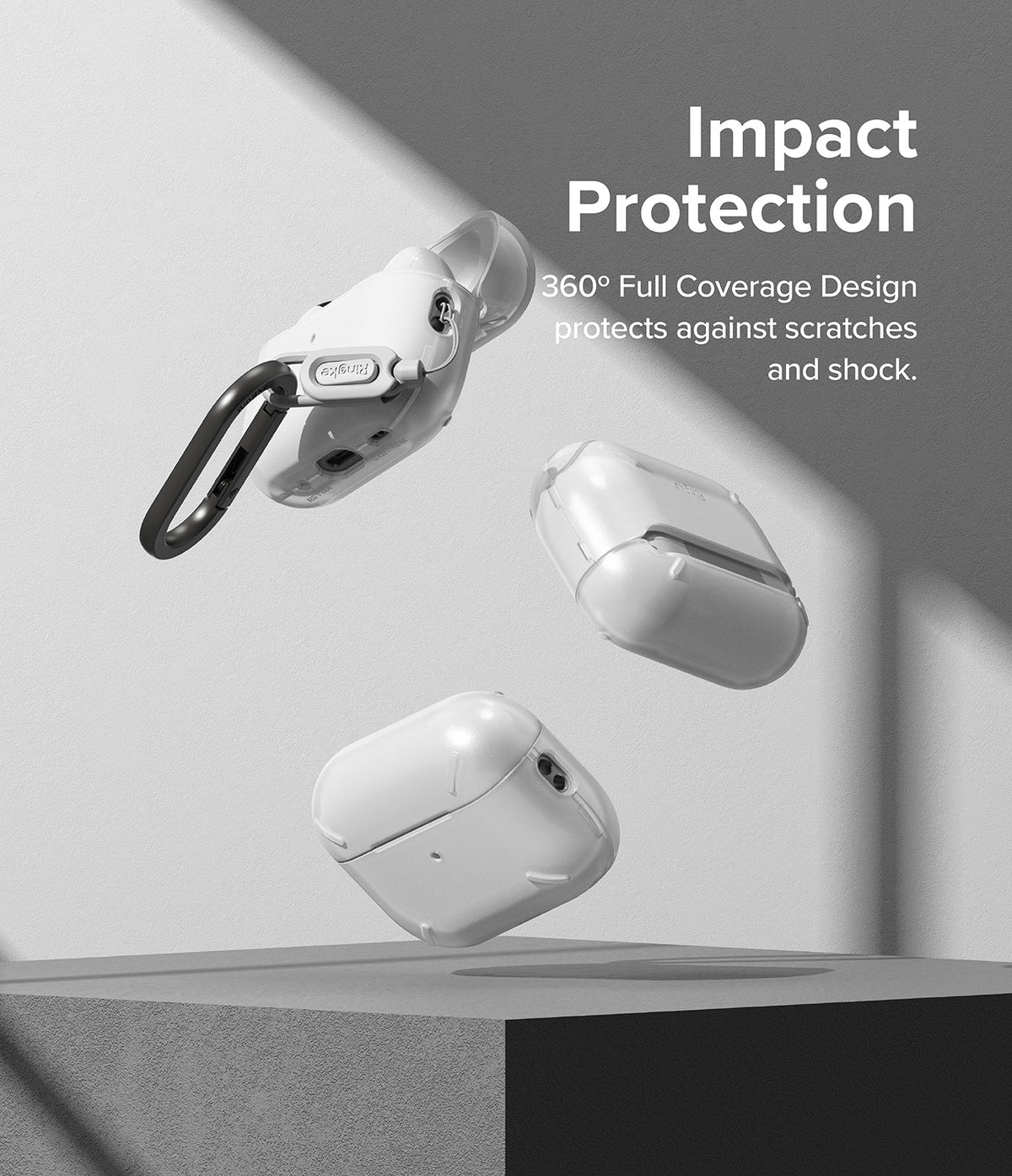 AirPods Pro 2 Case | Layered - Three white protective cases floating against a gray background with impact protection text.