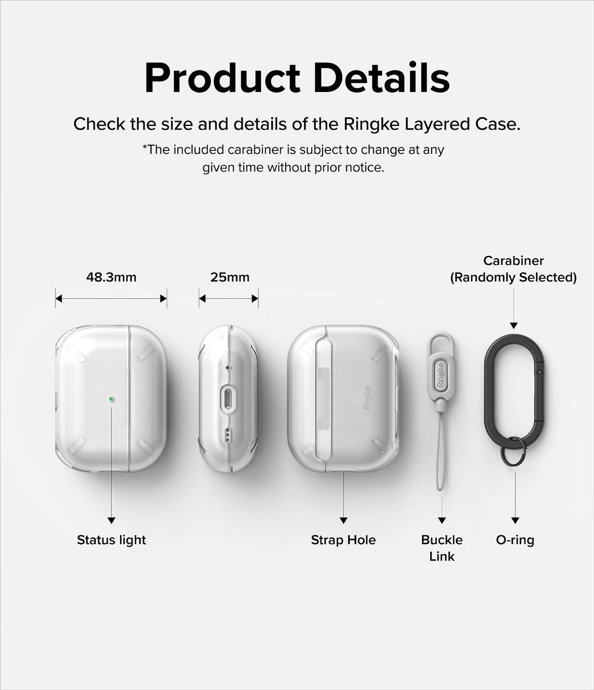 AirPods Pro 2 Case | Layered - Technical diagram showing dimensions and components of a clear AirPods Pro 2 case with accessories.