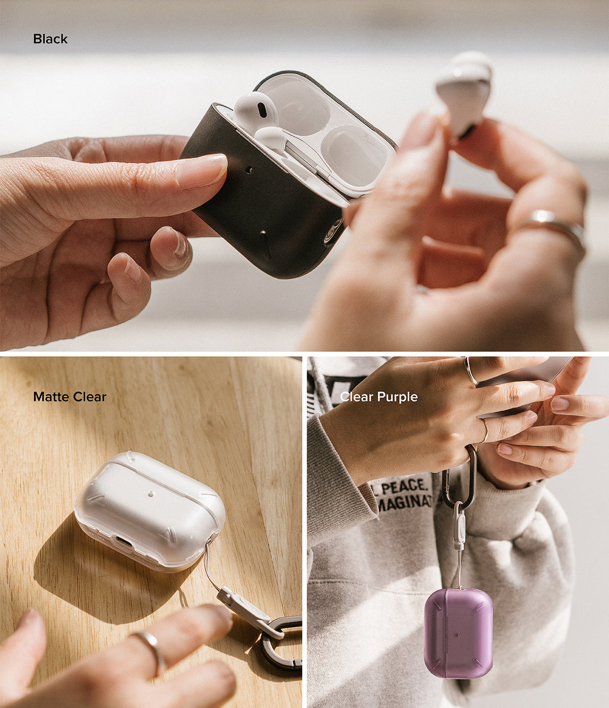 AirPods Pro 2 Case | Layered - Three views showing black, matte clear, and clear purple protective cases with carabiners.