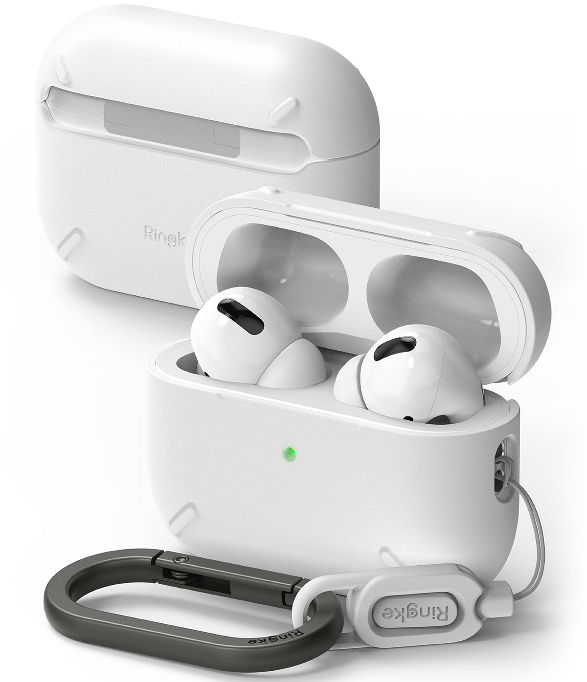 AirPods Pro 2 Case | Layered - White protective case for AirPods Pro 2 with a black carabiner and matching lanyard.
