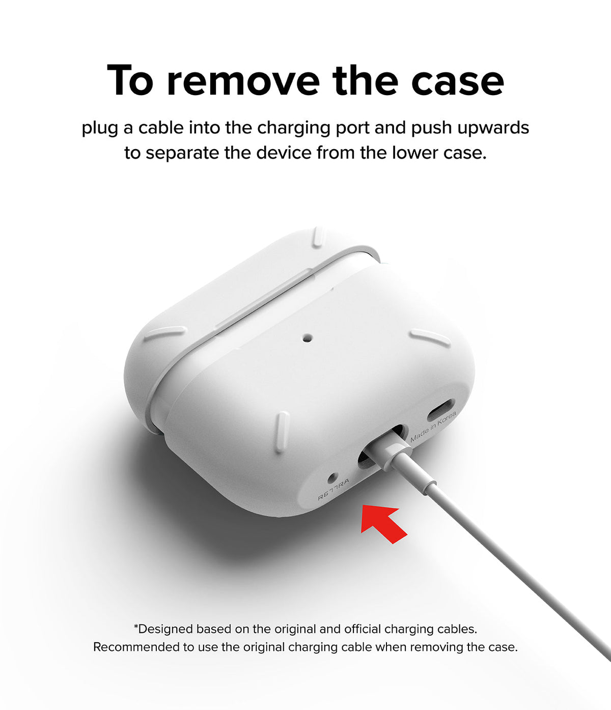 AirPods Pro 2 Case | Layered - Instructions for removing a white case by pushing a charging cable upward into the port.