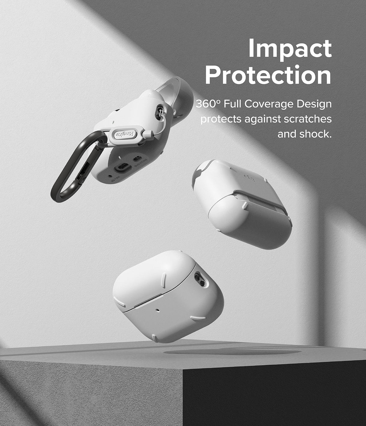 AirPods Pro 2 Case | Layered - Three white protective cases floating against a gray background with impact protection text.