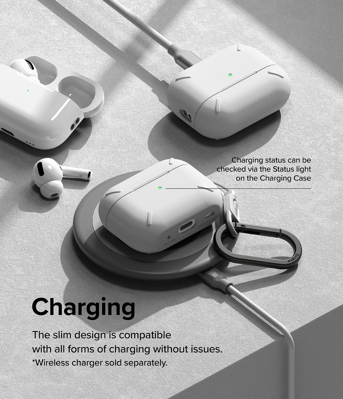 AirPods Pro 2 Case | Layered - White protective cases for AirPods Pro 2 shown charging wirelessly and via cable.