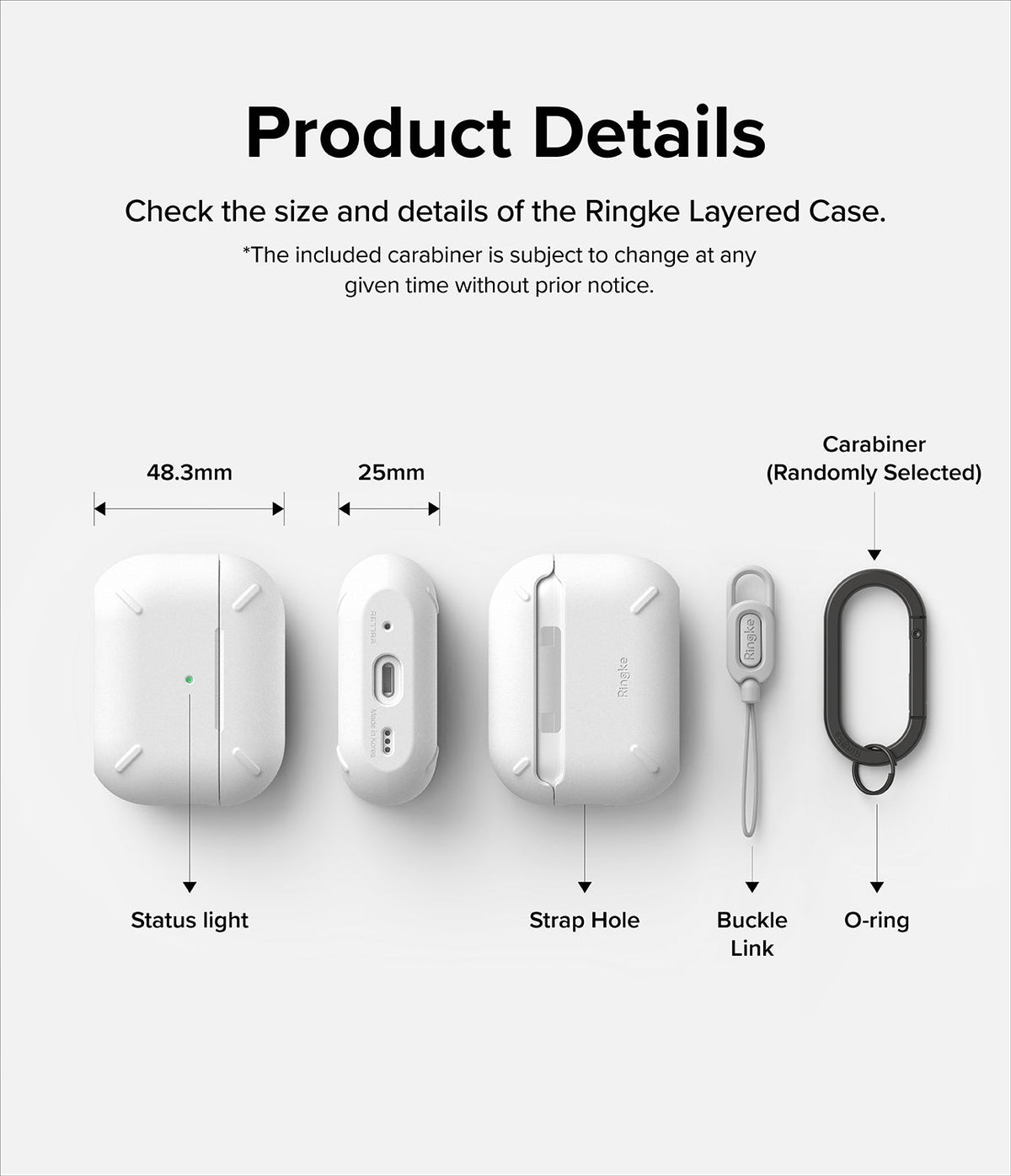 AirPods Pro 2 Case | Layered - Diagram showing dimensions and features of a white protective case with carabiner and strap.
