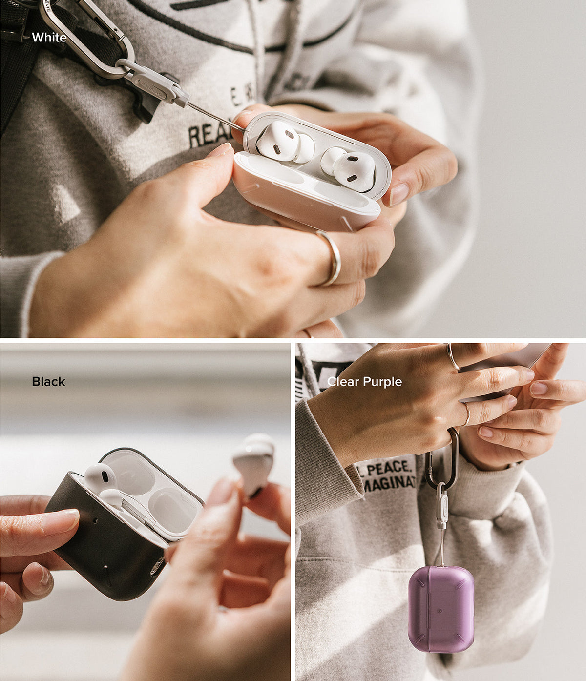 AirPods Pro 2 Case | Layered - Hands holding white, black, and clear purple protective cases for AirPods Pro 2 with carabiners.