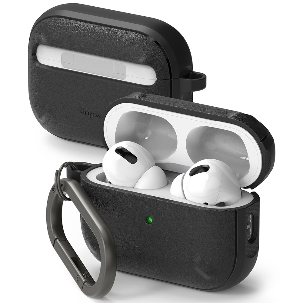 AirPods Pro 2 Case | Onyx - Black textured protective case for AirPods Pro 2, shown closed and open with white earbuds.