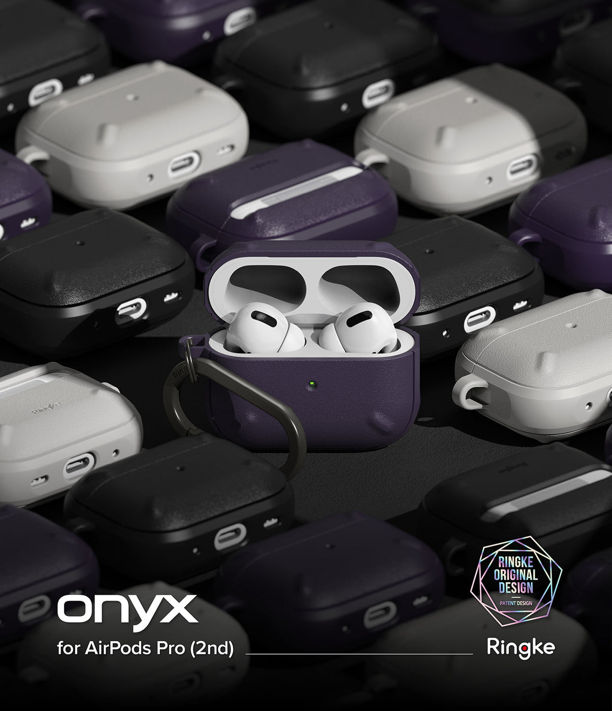 AirPods Pro 2 Case | Onyx - Open purple AirPods Pro 2 case with earbuds centered among various colored protective cases.