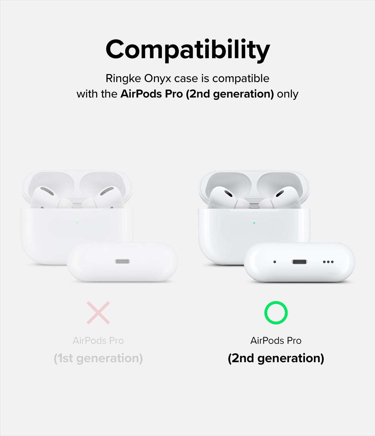 AirPods Pro 2 Case | Onyx - Comparison chart showing AirPods Pro 2 compatibility with a green checkmark versus 1st gen.