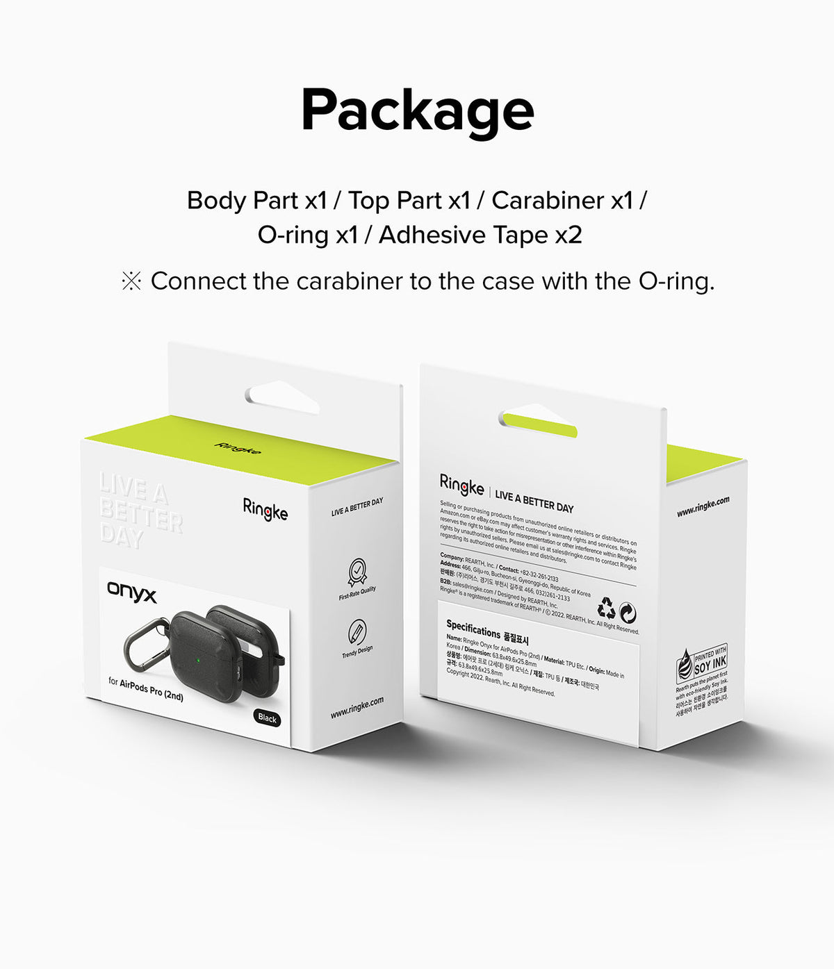 AirPods Pro 2 Case | Onyx - Packaging box showing product contents, specifications, and black case with carabiner.