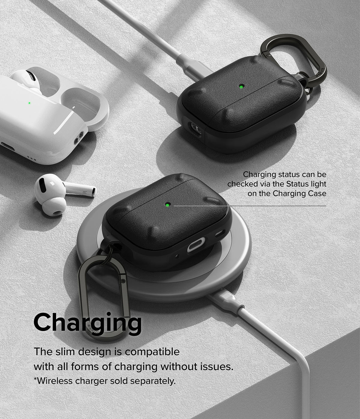 AirPods Pro 2 Case | Onyx - Black textured cases on wireless and wired chargers with visible green status lights.