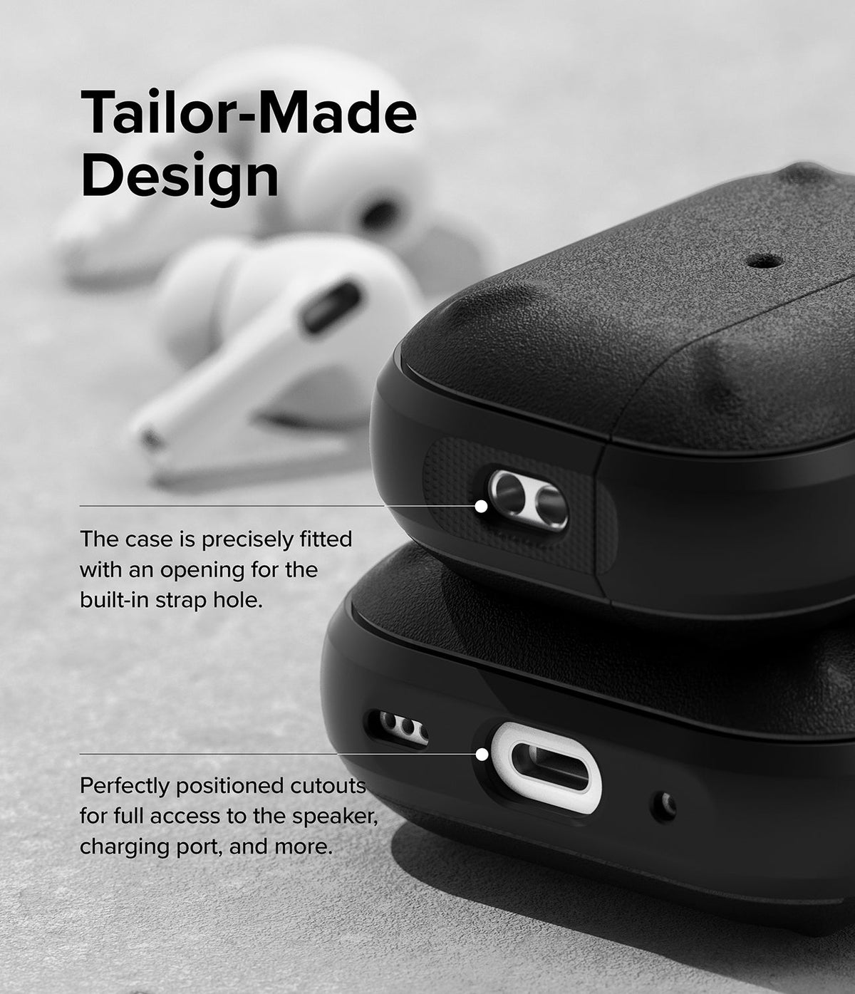 AirPods Pro 2 Case | Onyx - Black textured protective case showing precise cutouts for the strap hole and charging port.