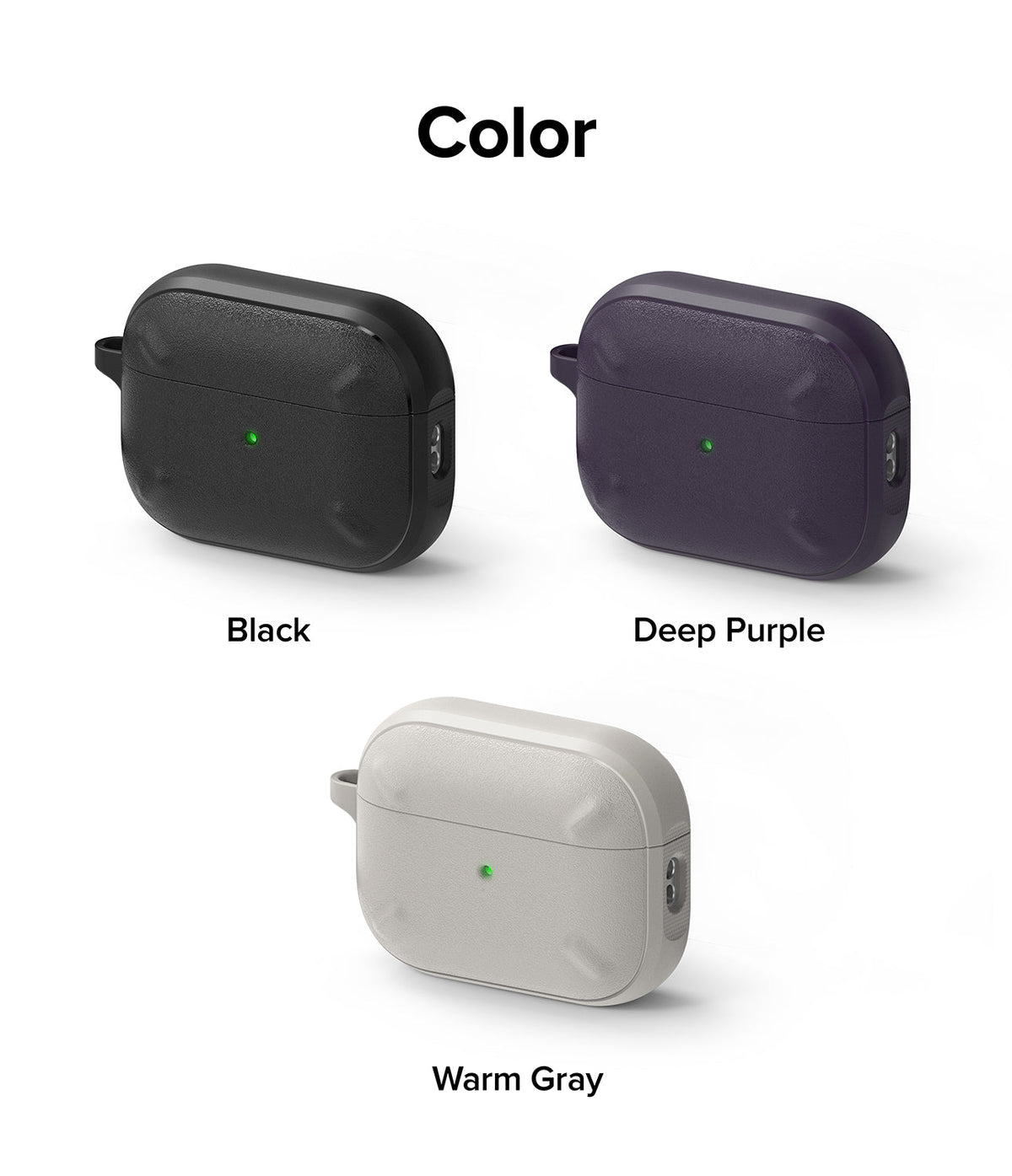 AirPods Pro 2 Case | Onyx - Three textured AirPods Pro 2 cases in black, deep purple, and warm gray with green status lights.