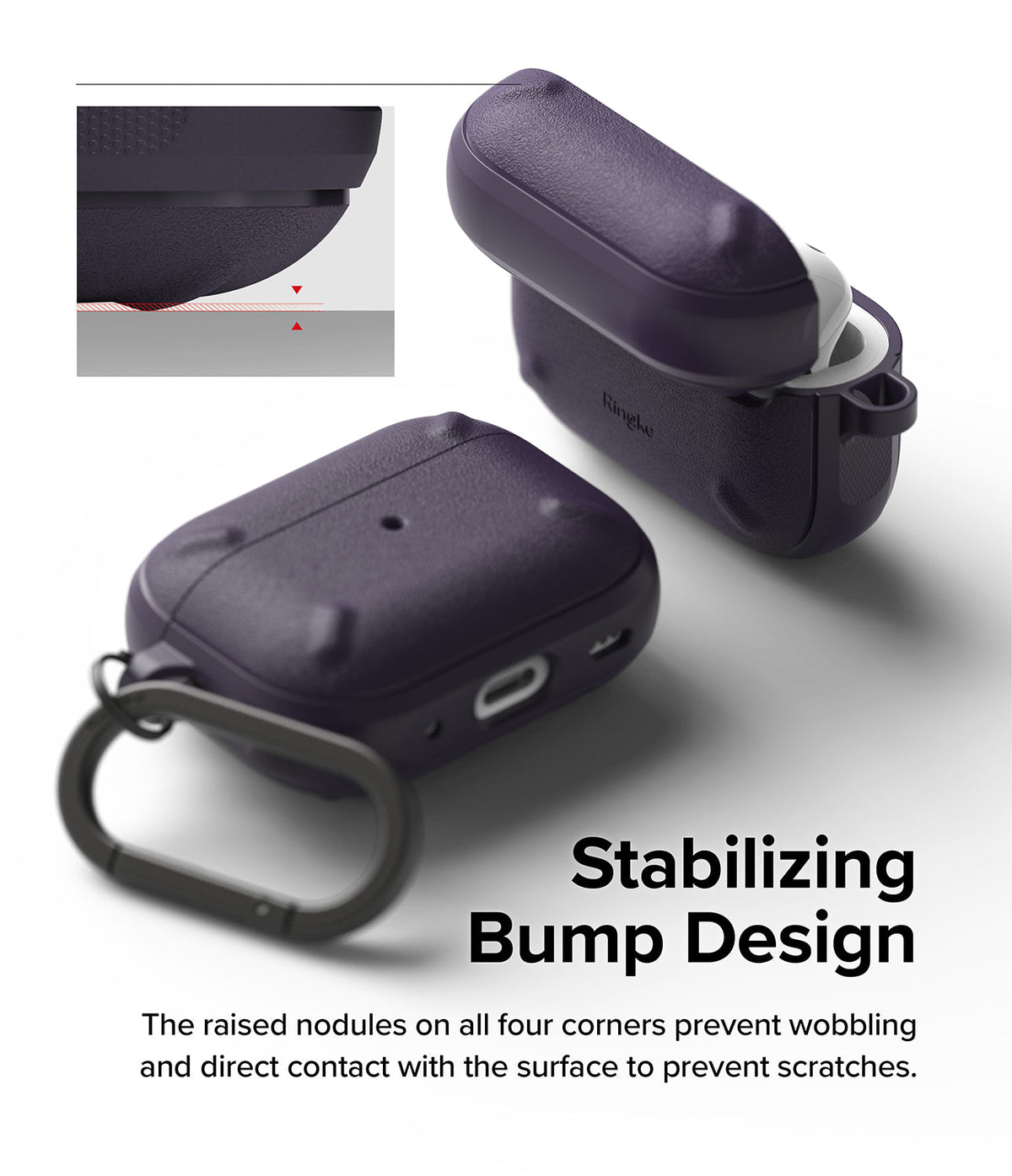 AirPods Pro 2 Case | Onyx - Purple textured case with corner bumps for stability, shown with a carabiner and close-up detail.