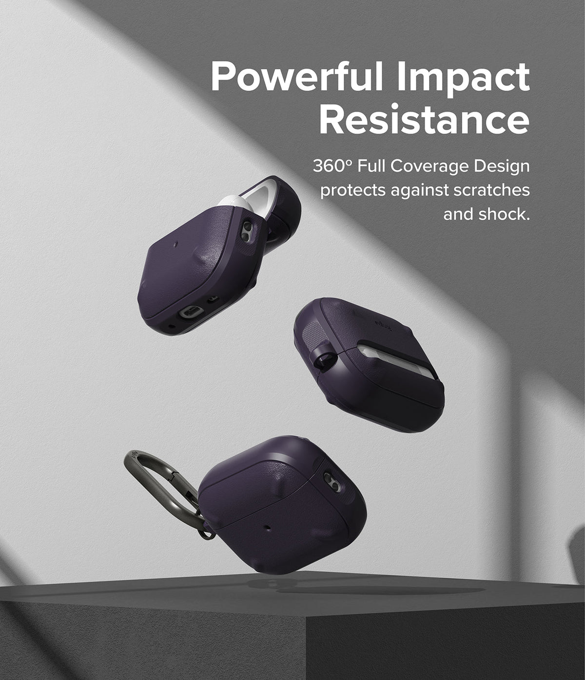 AirPods Pro 2 Case | Onyx - Three dark purple protective cases floating against a grey background with impact resistance text.