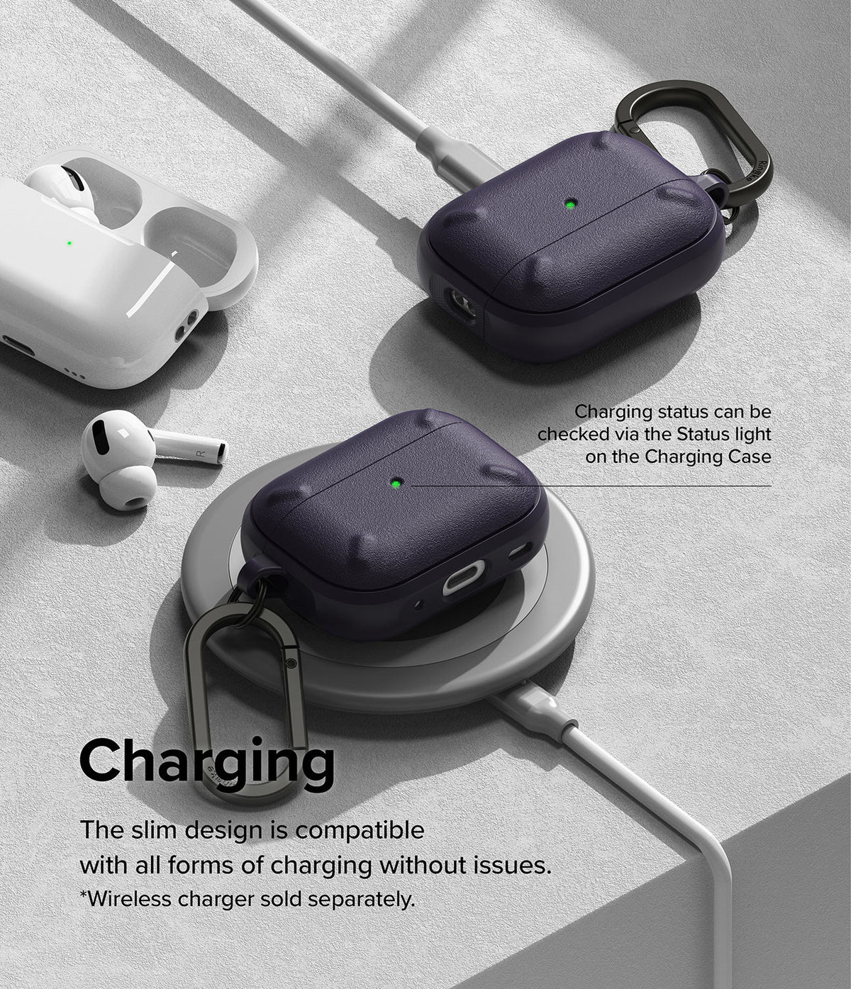 AirPods Pro 2 Case | Onyx - Onyx AirPods Pro 2 cases charging via wired and wireless pads with visible green status lights.