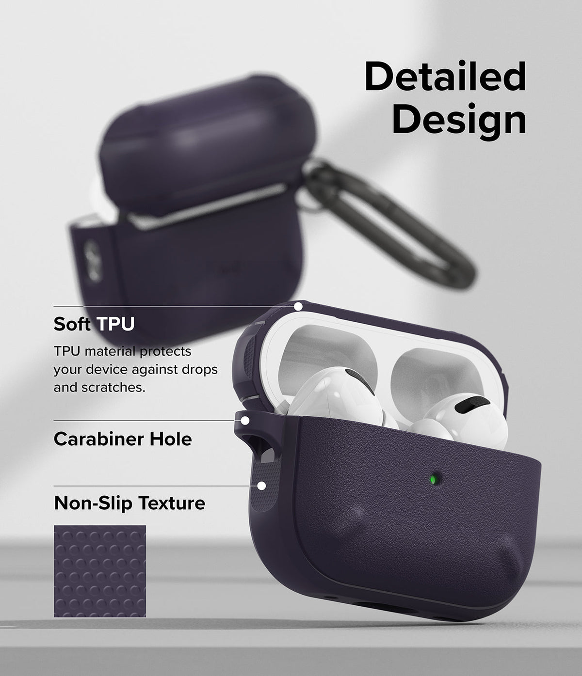 AirPods Pro 2 Case | Onyx - Dark purple protective case with non-slip texture, carabiner hole, and soft TPU material.