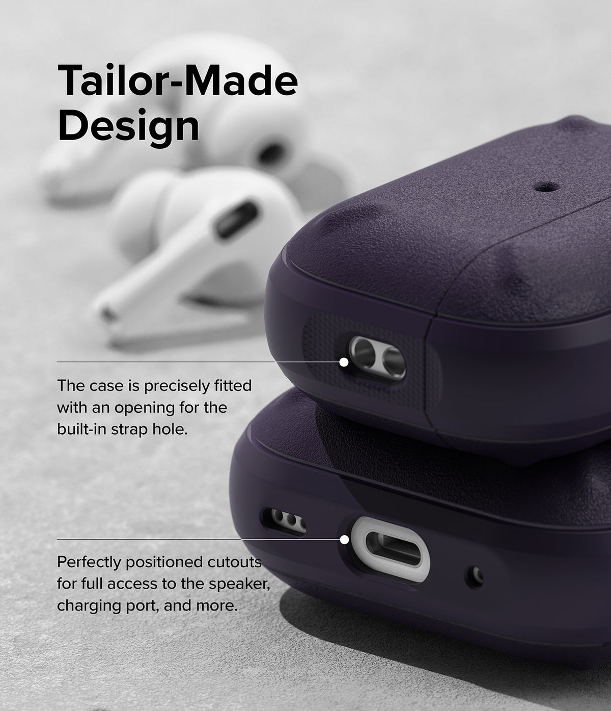 AirPods Pro 2 Case | Onyx - Dark purple case showing precise cutouts for the strap hole, speaker, and charging port.