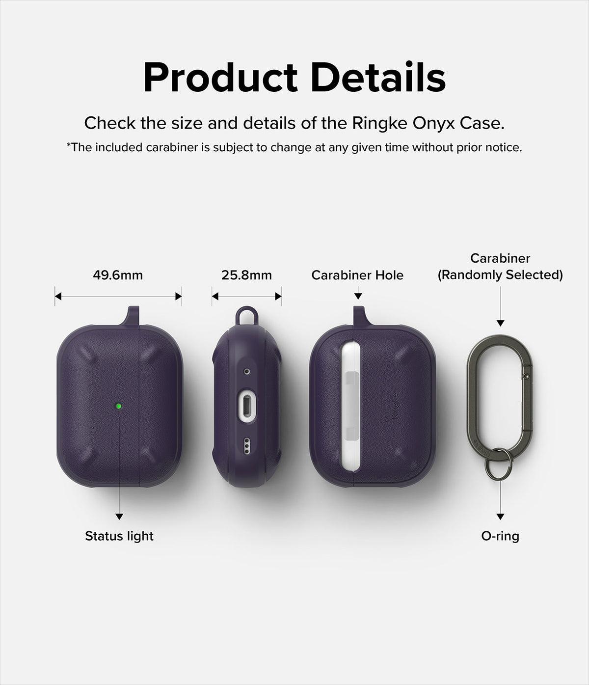 AirPods Pro 2 Case | Onyx - Technical diagram showing dimensions, status light, carabiner hole, and included O-ring.