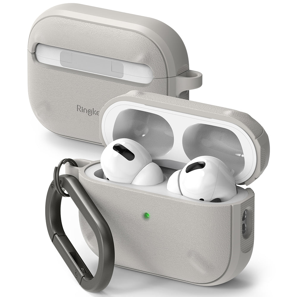 AirPods Pro 2 Case | Onyx - Textured grey protective case for AirPods Pro 2 with a black carabiner and open charging lid.